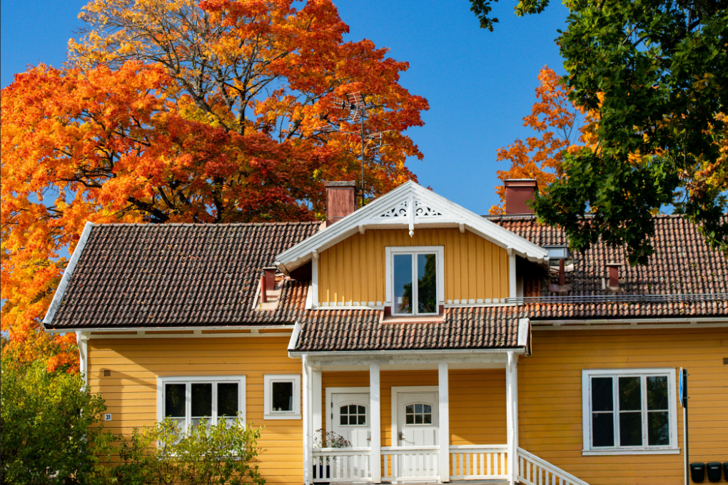 Yellow house with autumn trees surrounding it.
