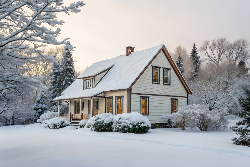 Single family house in snow.