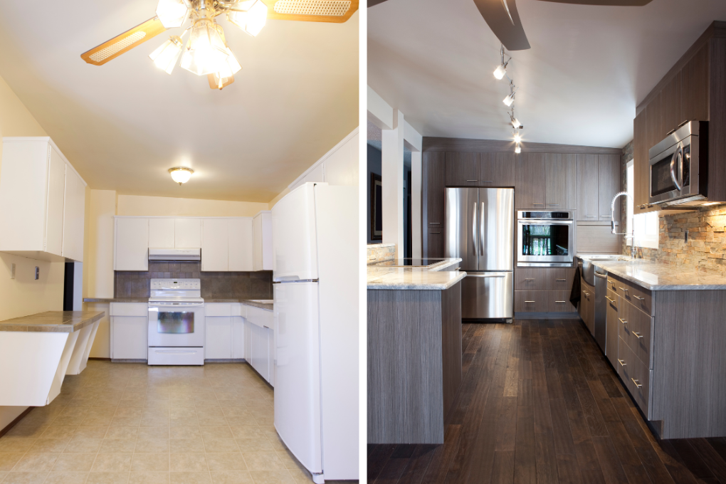 Before and after of a kitchen remodel.