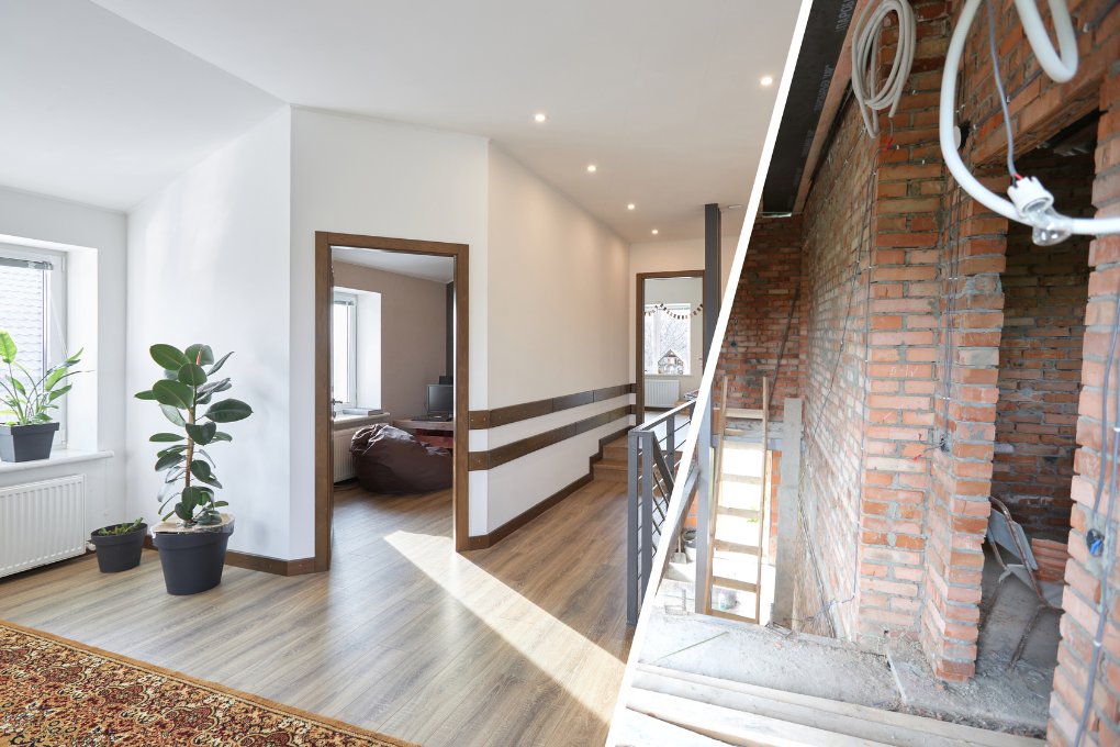 Before and after home renovation with modern interior.