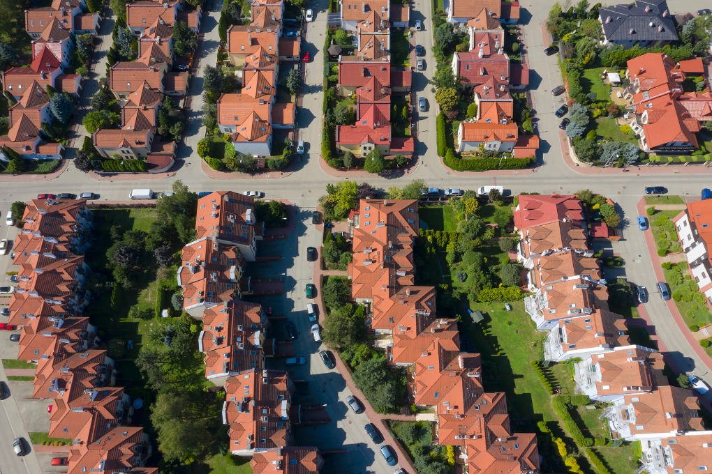 Aerial view of residential neighborhood.