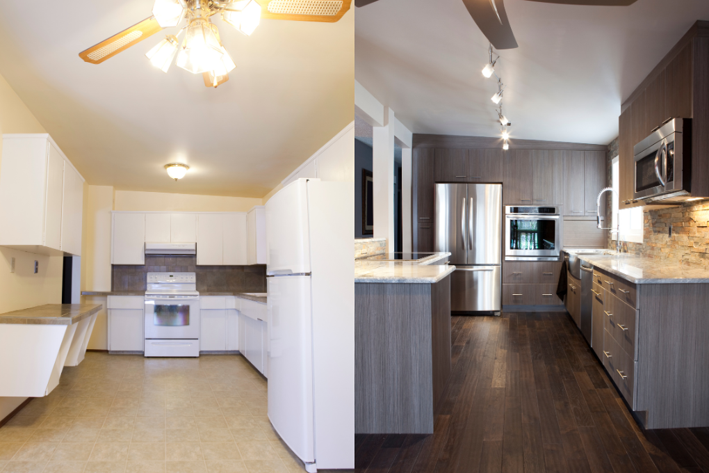 Before and after on renovated kitchen.